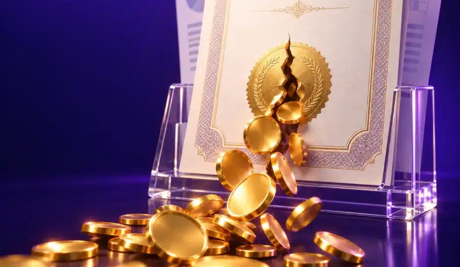 Gold coins pouring from a cracked certificate seal
