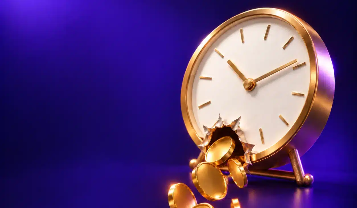 Gold coins pouring out of a broken clock face